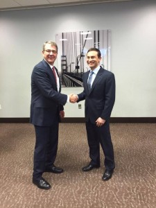 Secretary of Defense Ash Carter (left) greeting Douglas Beck, 